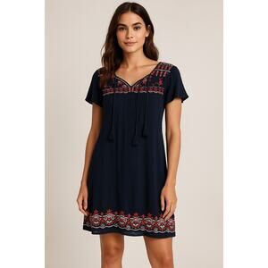 Forever 21 Navy Boho Blue Embroidered Dress